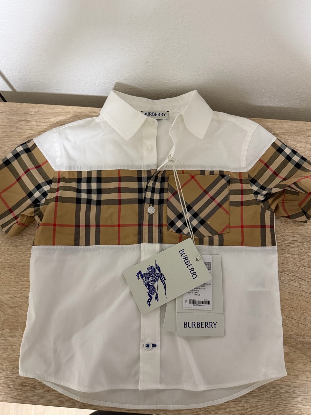 Authentic Burberry Beige Check & White Short Sleeve Button-Down Shirt - Kids